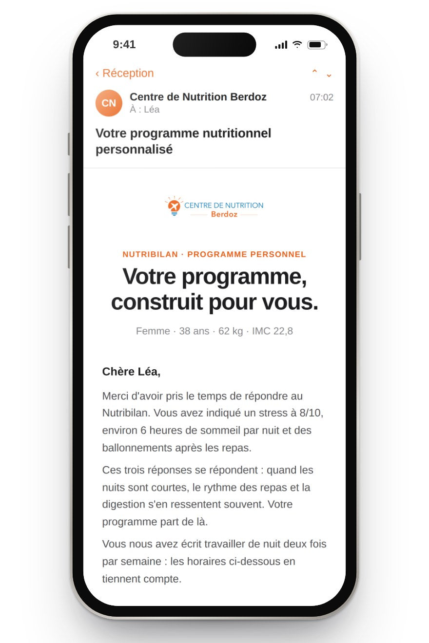 Exemple de l'e-mail « Votre programme nutritionnel personnalisé » reçu après une commande
