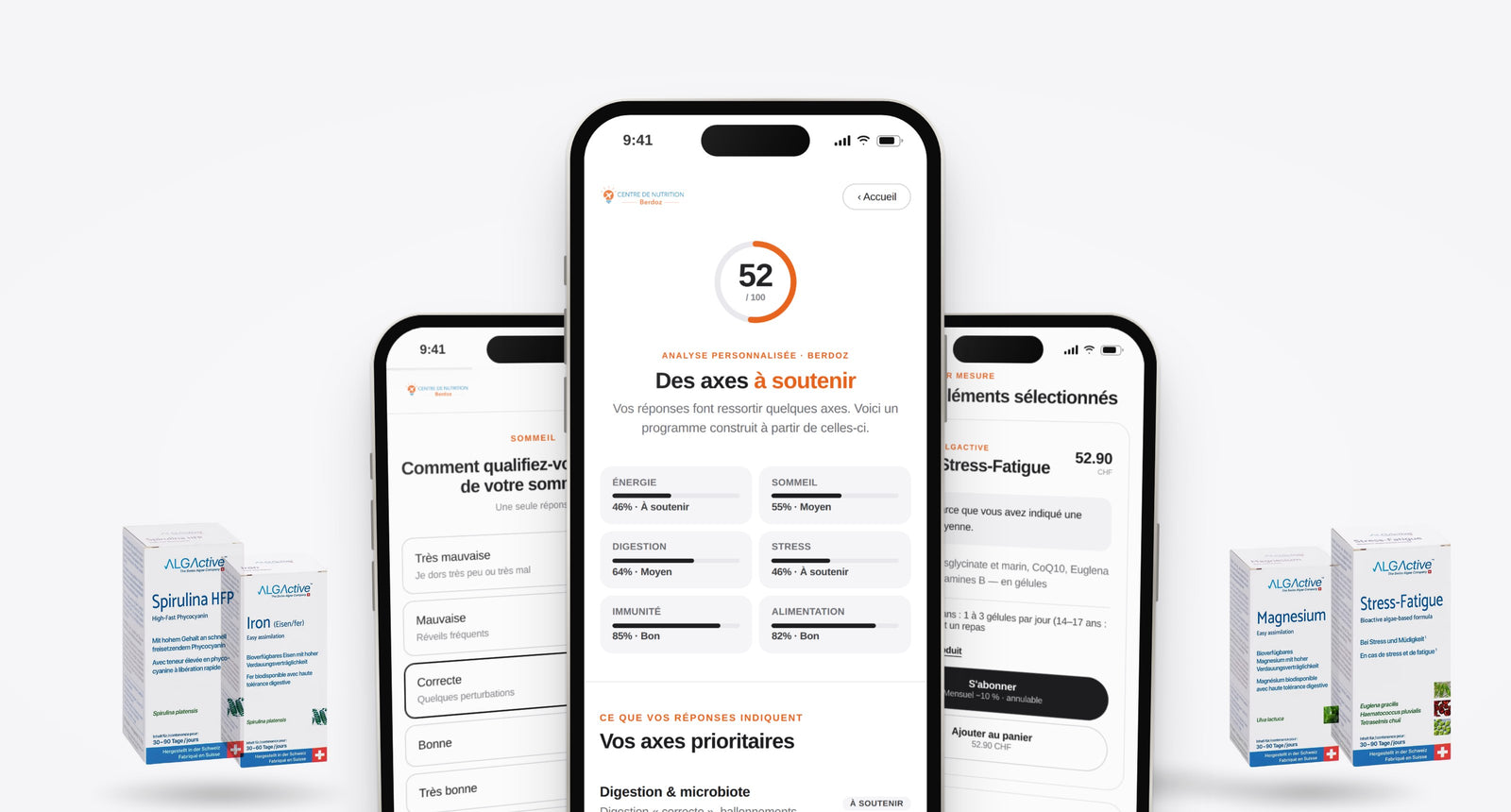 Le Nutribilan du Centre de Nutrition Berdoz sur smartphone : question, résultat et programme de compléments